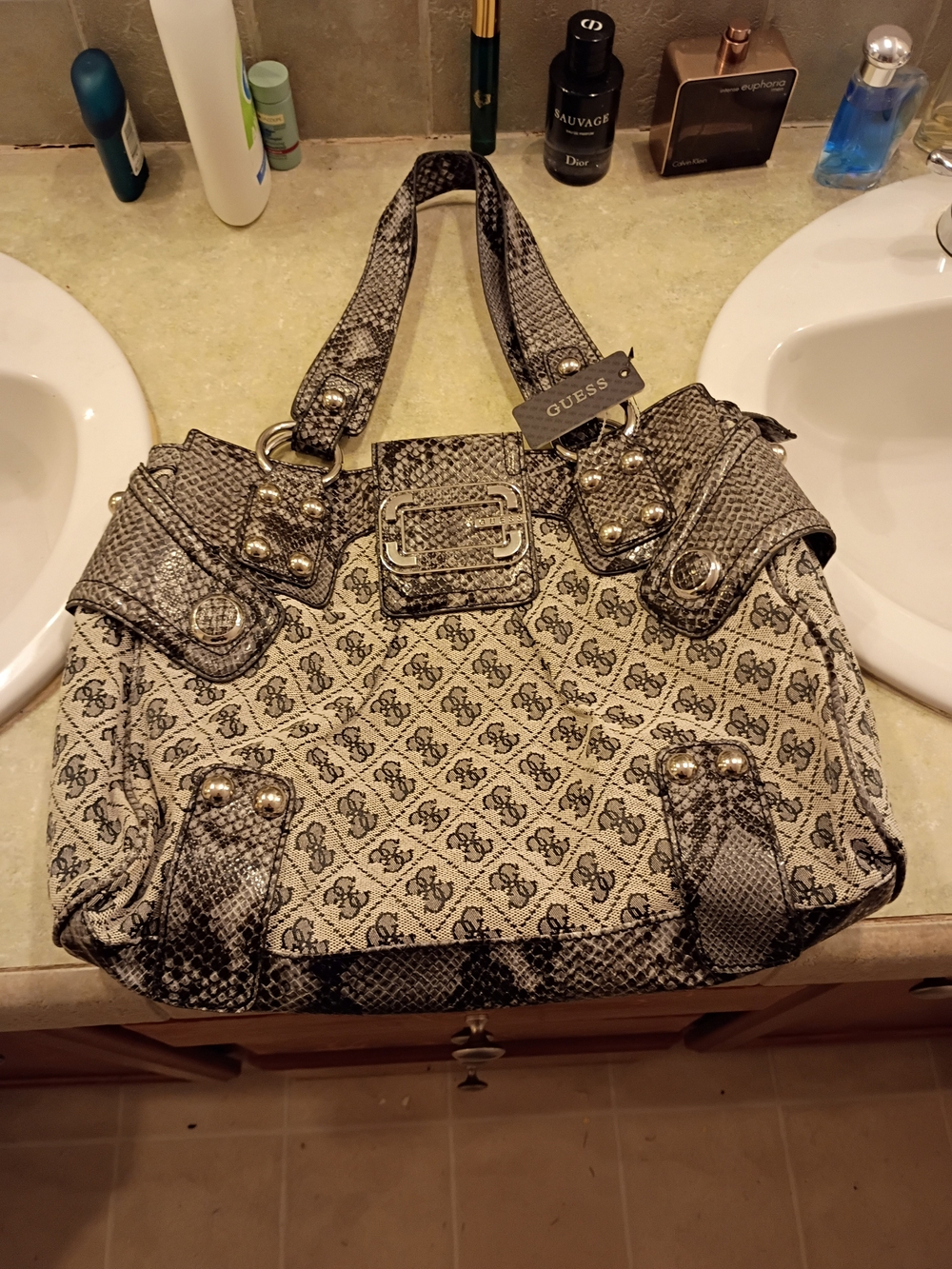 GUESS Y2K Black & Cream Patterned Shoulder Bag with Stud Accents